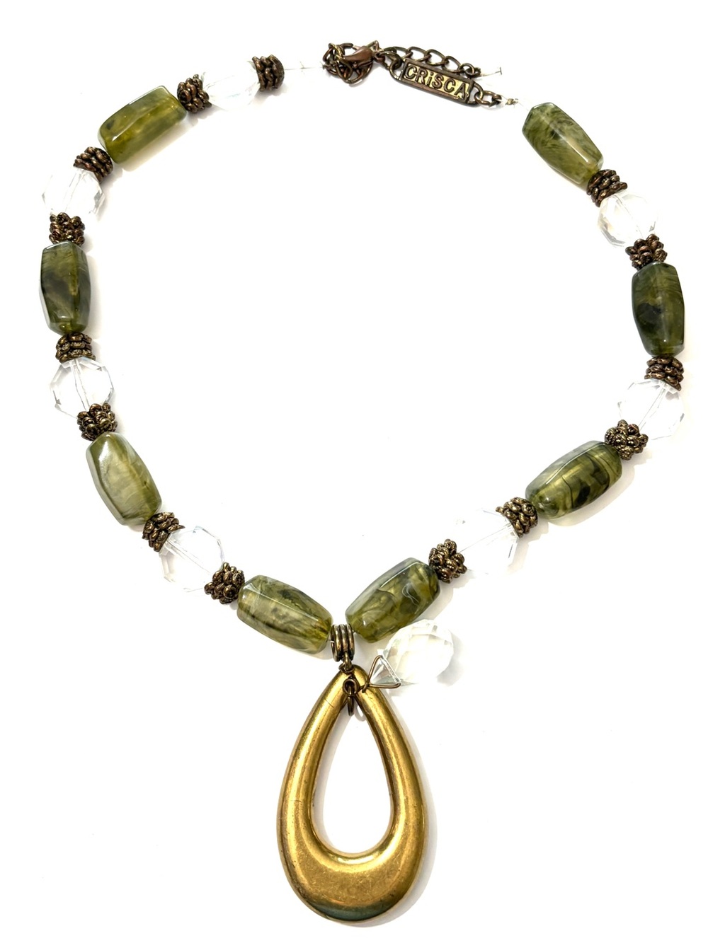 Crisca Signed Vintage Olive Green Crystal Gold Tone Pendant Necklace Boho  90s